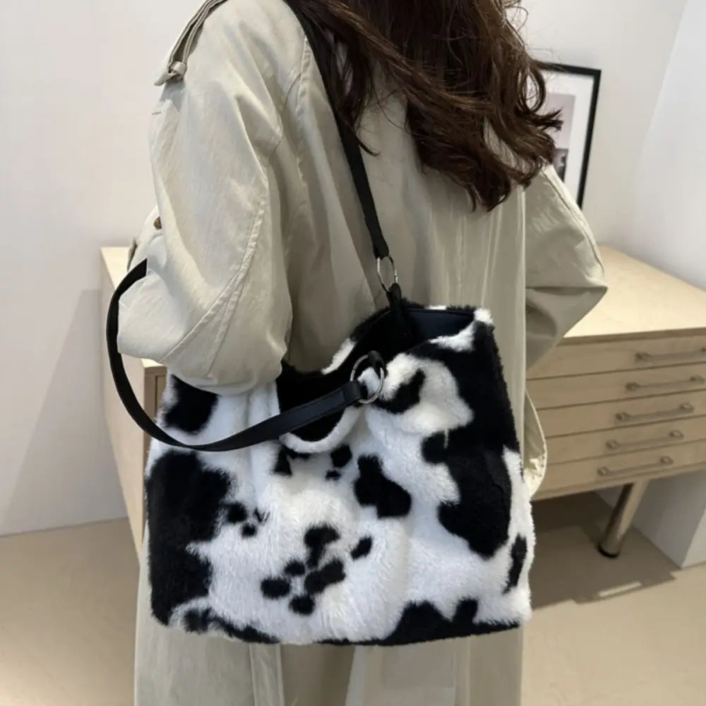 Chic cow print furry tote bag elevates luxury fashion for women $19.99 bag large faux fur, pu leather, polyester