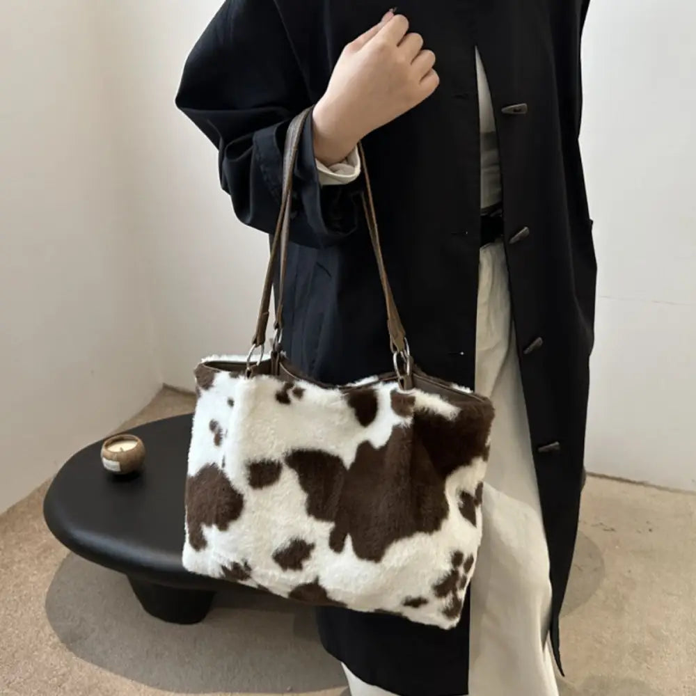 Chic cow print furry tote bag elevates luxury fashion for women $19.99 bag large faux fur, pu leather, polyester