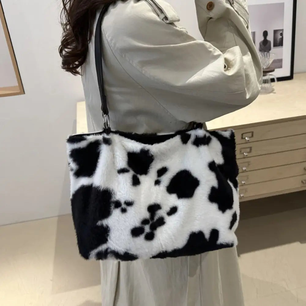 Chic cow print furry tote bag elevates luxury fashion for women $19.99 bag large faux fur, pu leather, polyester