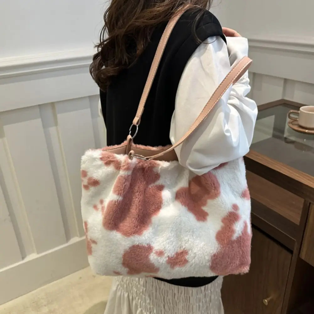 Chic cow print furry tote bag elevates luxury fashion for women $19.99 bag large faux fur, pu leather, polyester