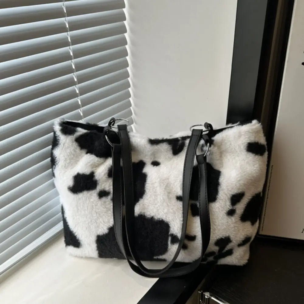 Chic cow print furry tote bag elevates luxury fashion for women $19.99 bag large faux fur, pu leather, polyester