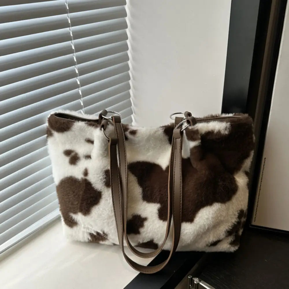 Chic cow print furry tote bag elevates luxury fashion for women $19.99 bag large faux fur, pu leather, polyester