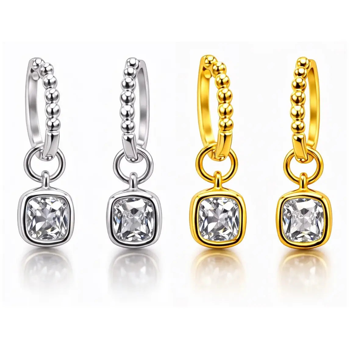 Created Moissanite beaded hoop drop earrings in 14kt gold vermeil and sterling silver with bezel-set cushion cut stones