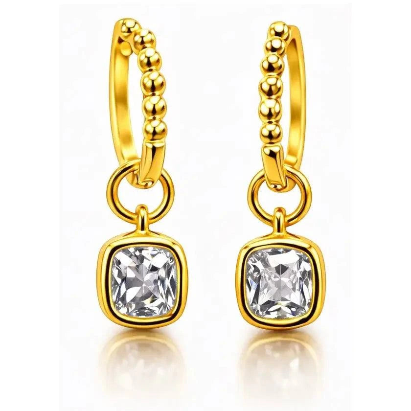 Created Moissanite gold vermeil beaded hoop drop earrings with cushion cut bezel-set stones and hinged snap-post closure