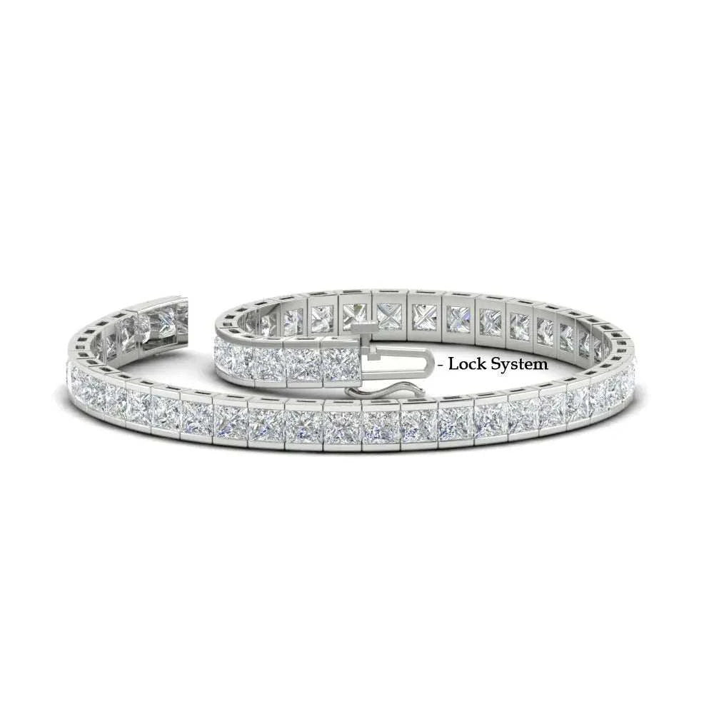 Created Moissanite 6.00 CTW princess cut tennis bracelet in 14K white gold over sterling silver with half bezel setting and lock system