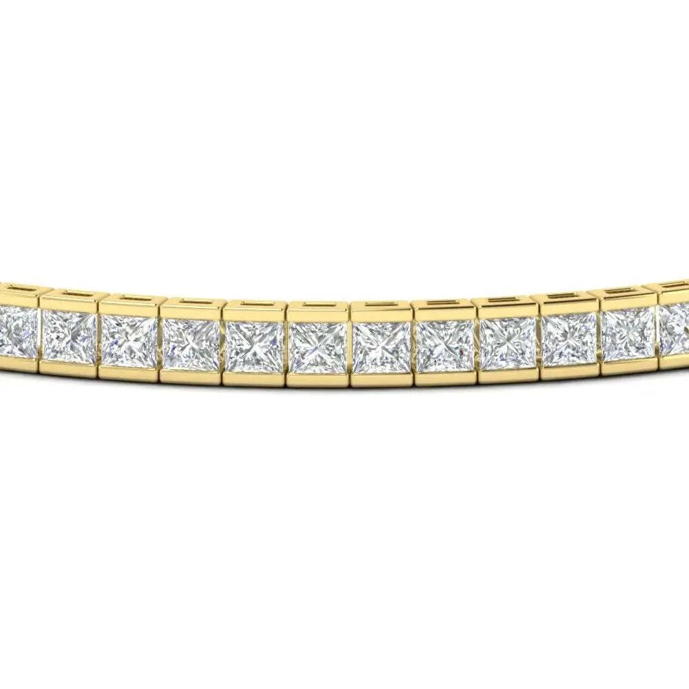Created Moissanite princess cut tennis bracelet with 14K yellow gold half bezel settings featuring clear stones in a sleek, elegant design