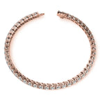 Created White Sapphire tennis bracelet with round 3mm stones set in 14K rose gold overlay with secure clasp