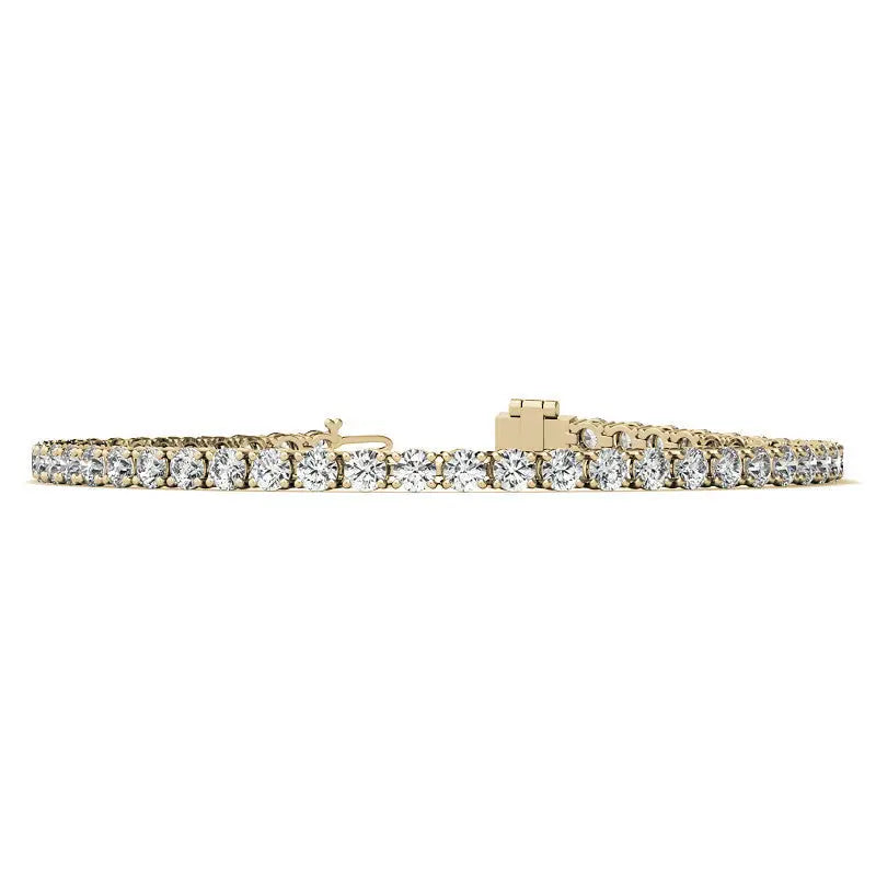 Created White Sapphire 14K yellow gold overlay tennis bracelet with 3mm round brilliant stones and secure clasp
