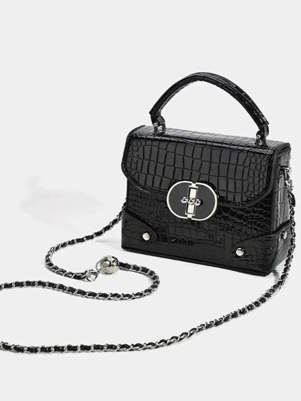 Small black PU leather crossbody bag featuring a Crocodile Pattern Flap with silver chain strap and clasp