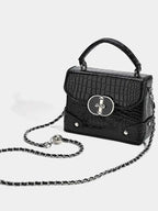 Small black PU leather crossbody bag featuring a Crocodile Pattern Flap with silver chain strap and clasp