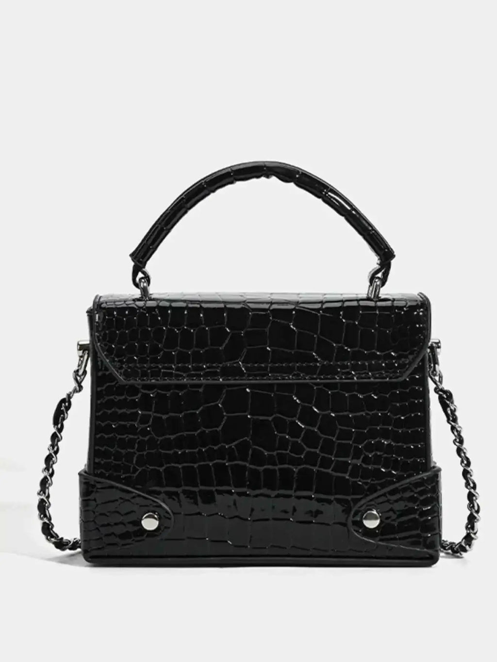 Small black PU leather crossbody bag with Crocodile Pattern Flap texture and a top handle with chain strap