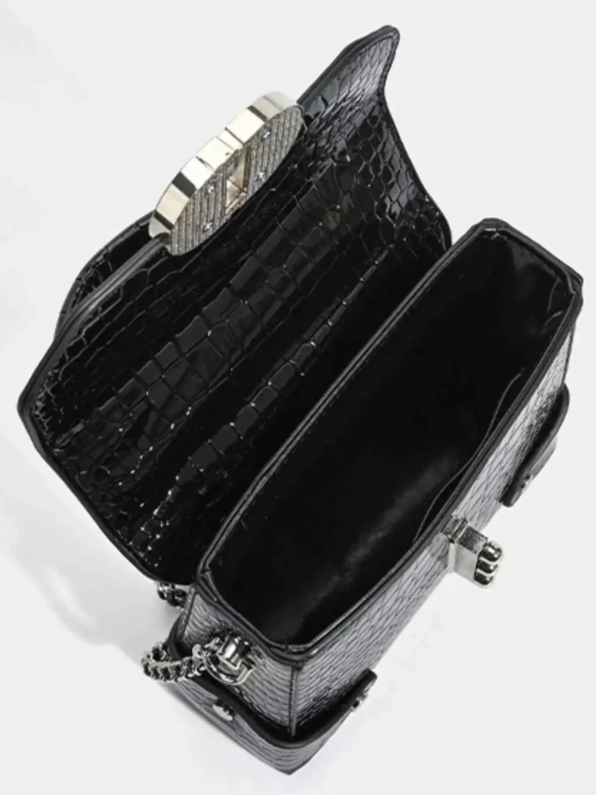 Small black PU leather Crocodile Pattern Flap crossbody bag with silver clasp and chain strap, interior open