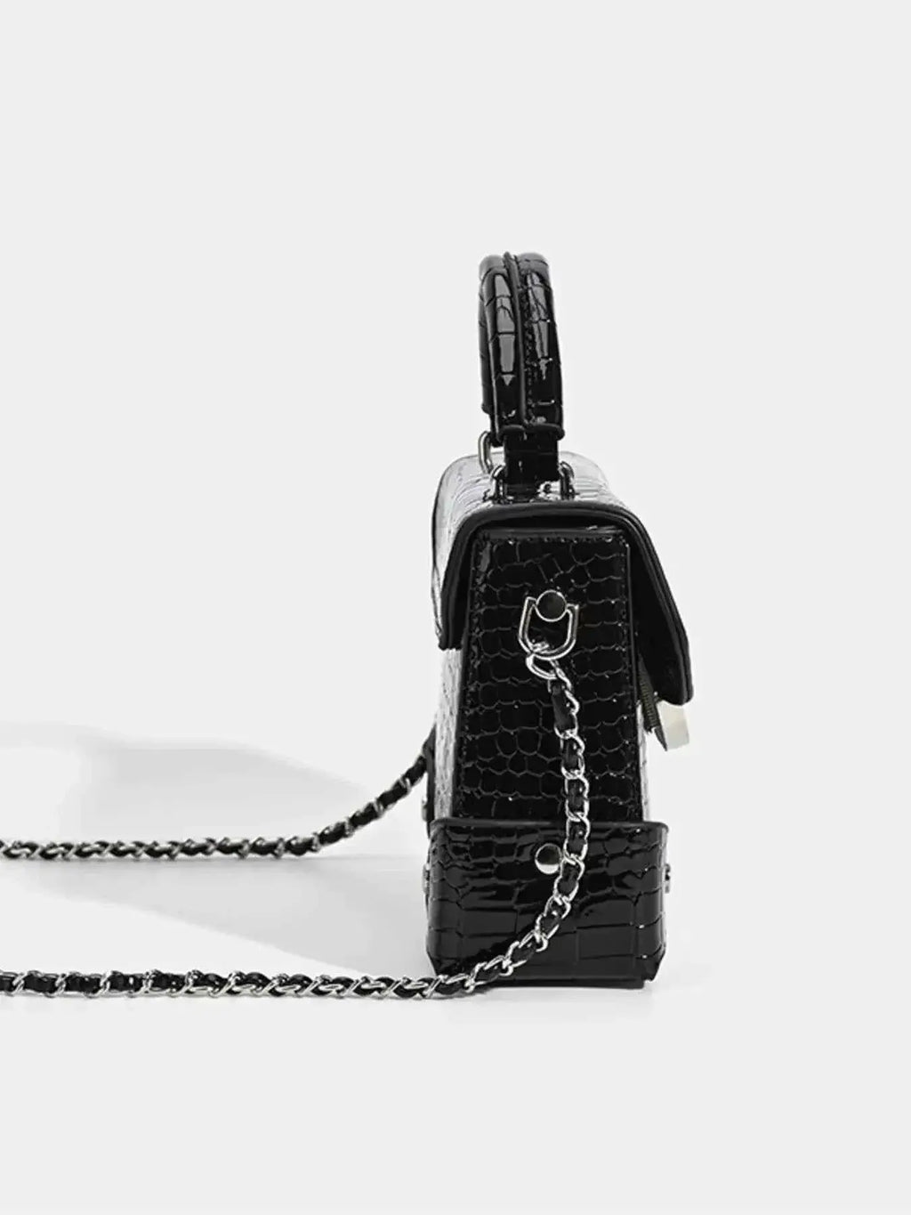Small black PU leather crossbody bag featuring a Crocodile Pattern Flap with chain strap and compact design