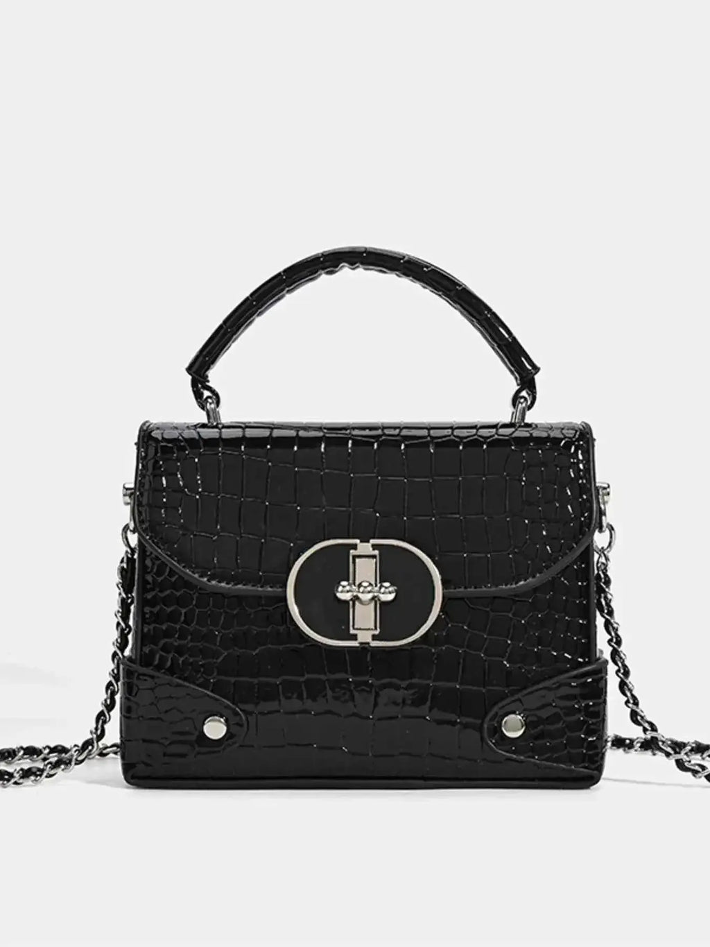 Small black PU leather Crocodile Pattern Flap crossbody bag with silver chain strap and oval clasp closure