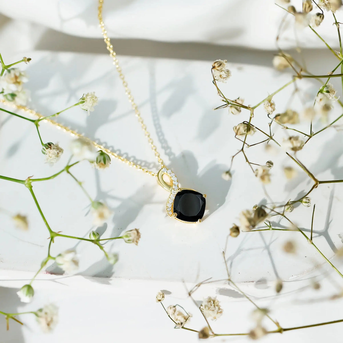 Cushion Cut 2 Carat Black Onyx Infinity Pendant Necklace with Lab Diamond