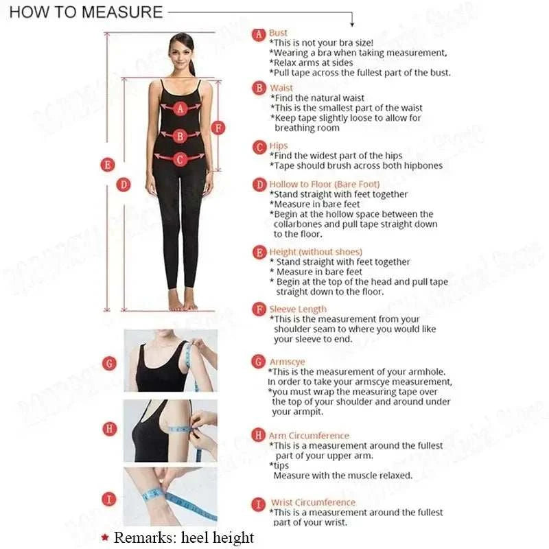 Diagram showing how to measure body parts for a Customized Wedding Dress including bust, waist, hips, sleeve length, arm circumference and wrist circumference