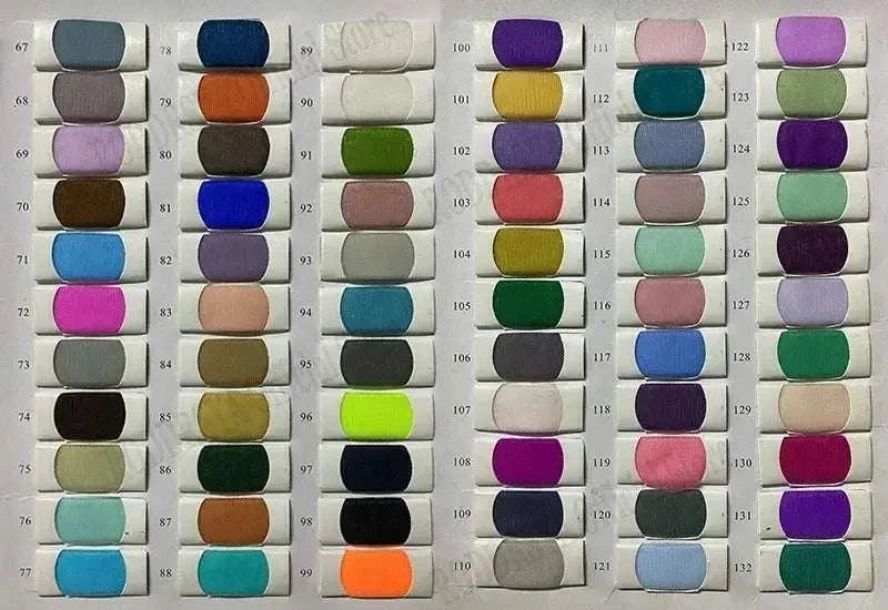 Customized Wedding Dress polyester fabric color swatches showing a diverse range of 66 colors on individual white card mounts