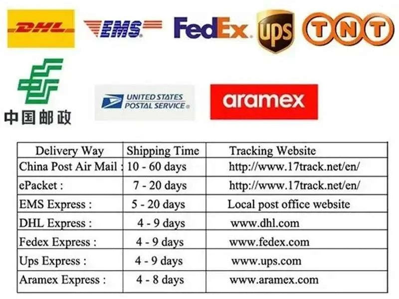 Customized Wedding Dress delivery options including DHL, EMS, FedEx, UPS, TNT, China Post, USPS, and Aramex with shipping times and tracking info