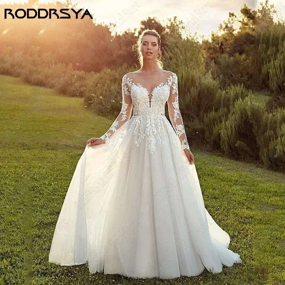 Customized Wedding Dress white polyester tulle A-line bride gown with long lace sleeves and illusion scoop neckline