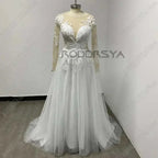Customized Wedding Dress white tulle A-line gown with long illusion lace sleeves and deep scoop neckline