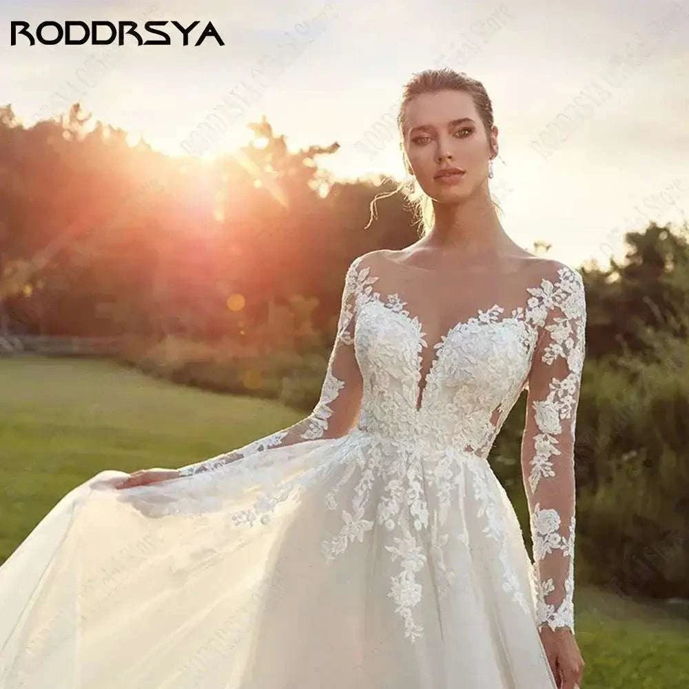 Customized Wedding Dress white tulle with long sheer sleeves, floral lace appliques, and deep scoop neckline