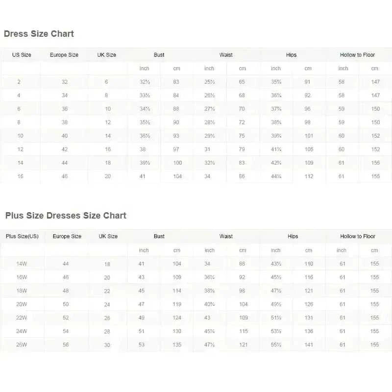 Detailed size chart for Customized Wedding Dresses showing US, Europe, UK sizes with measurements for bust, waist, hips, and hollow to floor in inches and cm