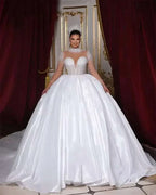 Customized Wedding Dresses white lustrous satin ball gown with full lace long cap sleeves, high neck, pearl embellishments and chapel train