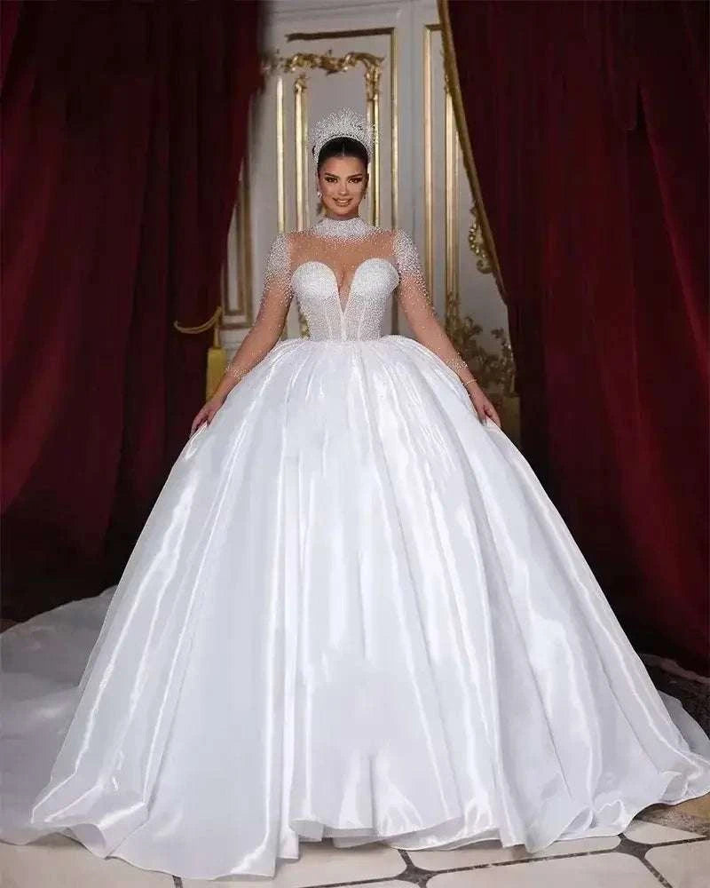 Customized Wedding Dresses white lustrous satin ball gown with full lace long cap sleeves, high neck, pearl embellishments and chapel train