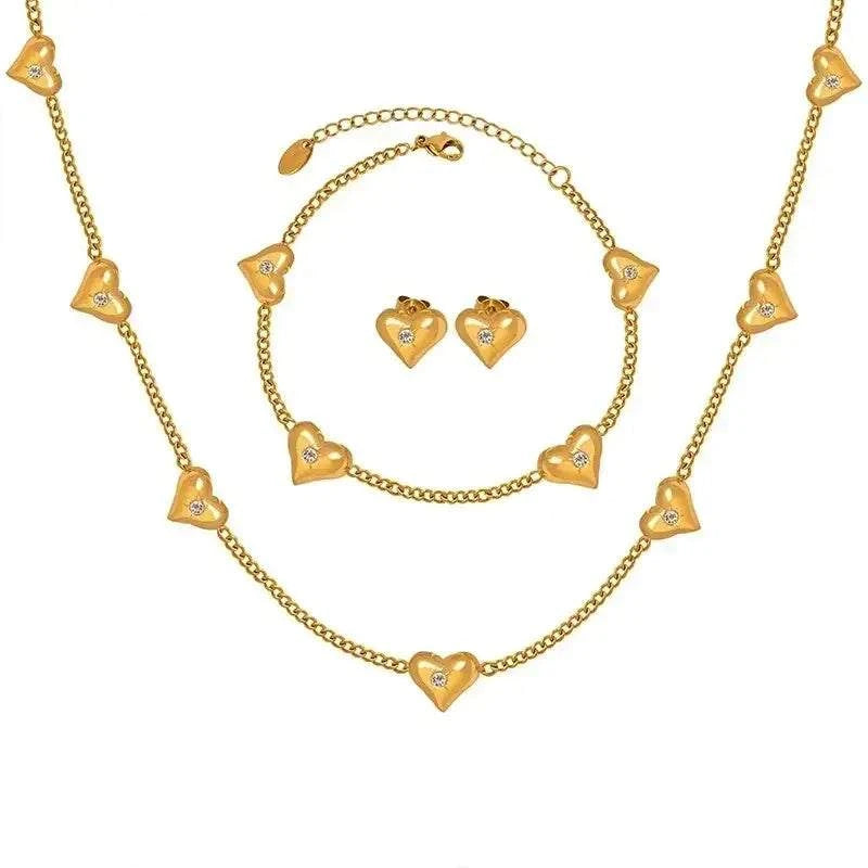 Cute Heart Necklace Earrings Bracelet Jewelry Set Stainless Steel For Women Fashion Shiny Zircon Bridal Accessories Wedding Gift