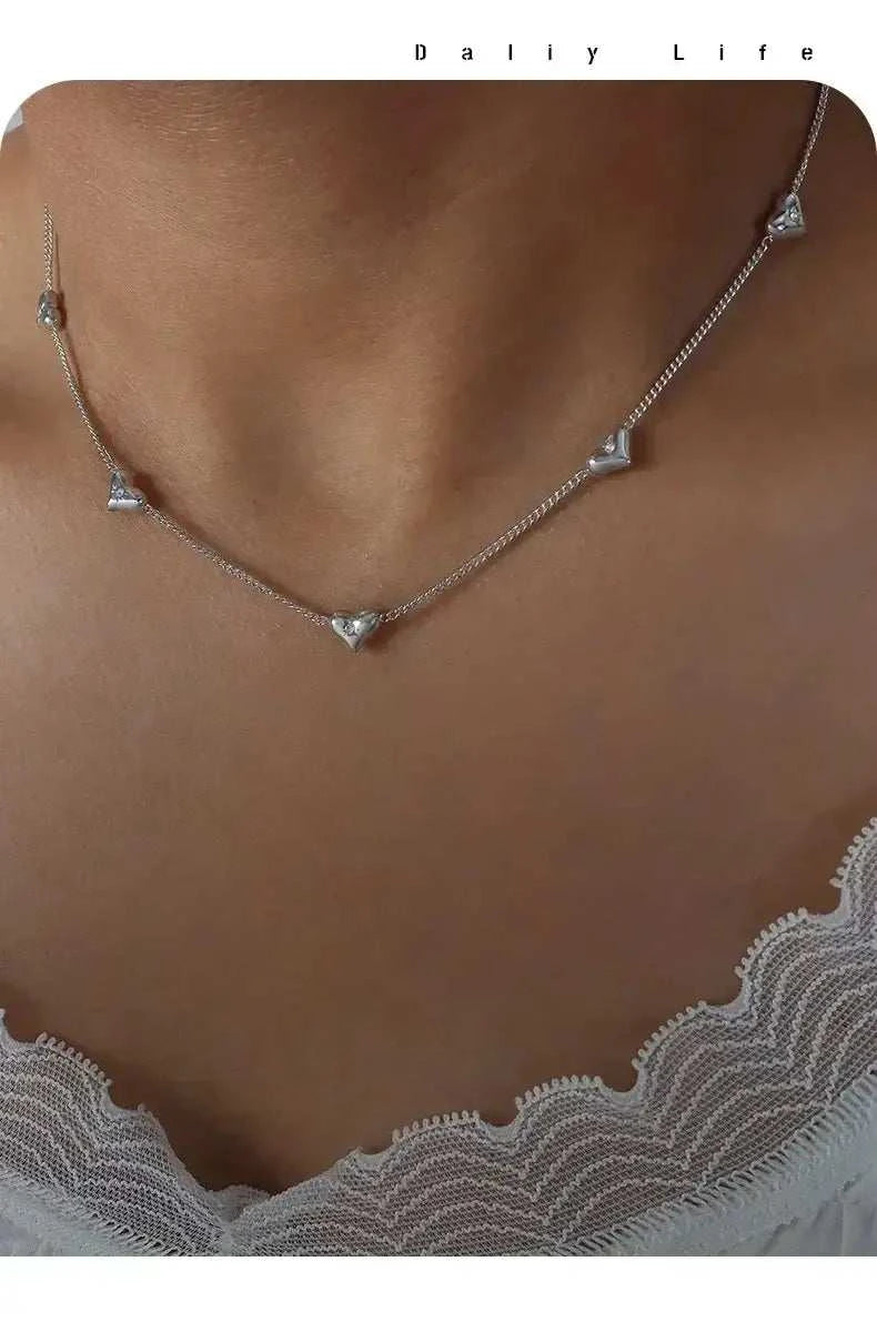 Cute Heart Necklace Earrings Bracelet Jewelry Set Stainless Steel For Women Fashion Shiny Zircon Bridal Accessories Wedding Gift