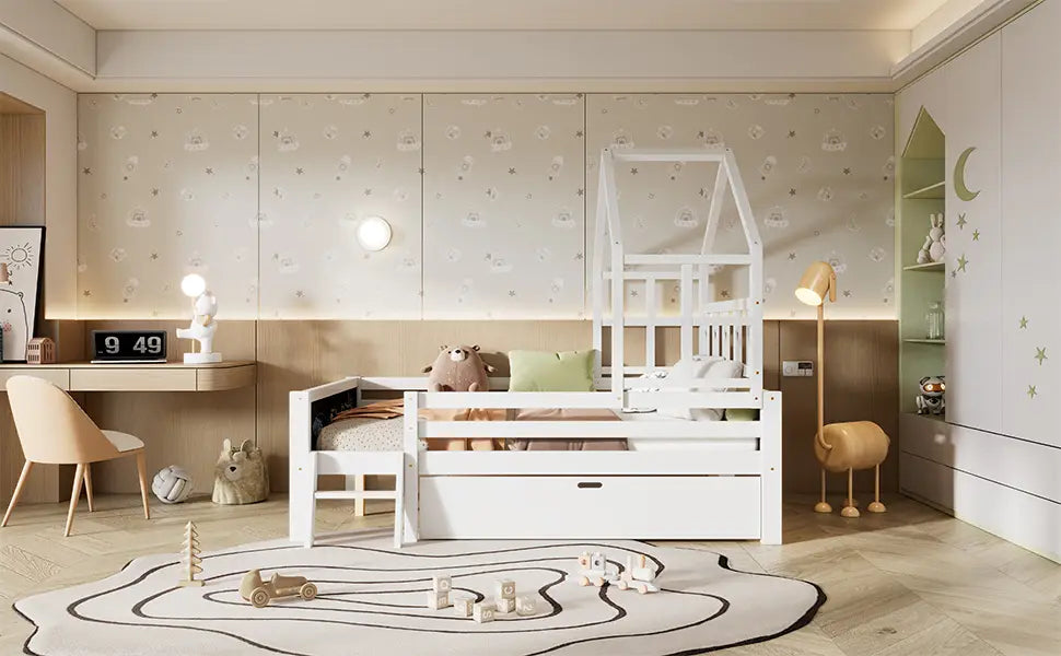 Luxury house bed with storage and blackboard for elegant kid’s rooms