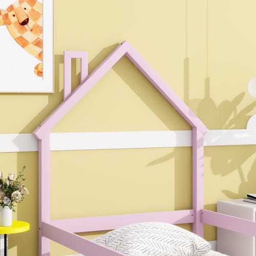 Charming twin size bed with house-shaped headboard in pink accents