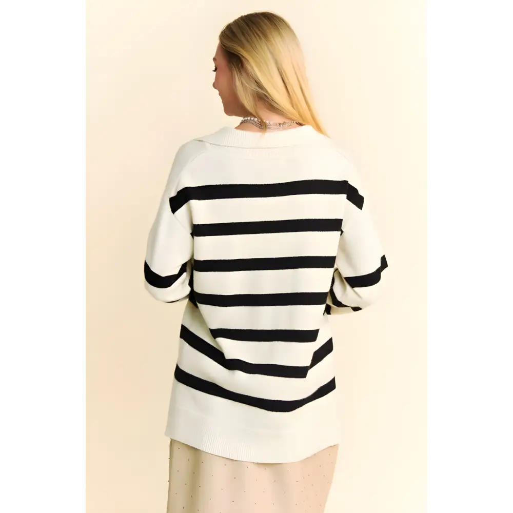 Chic high-low striped johnny collar sweater in luxury fashion for women $38.64 the high-low side slit striped johnny