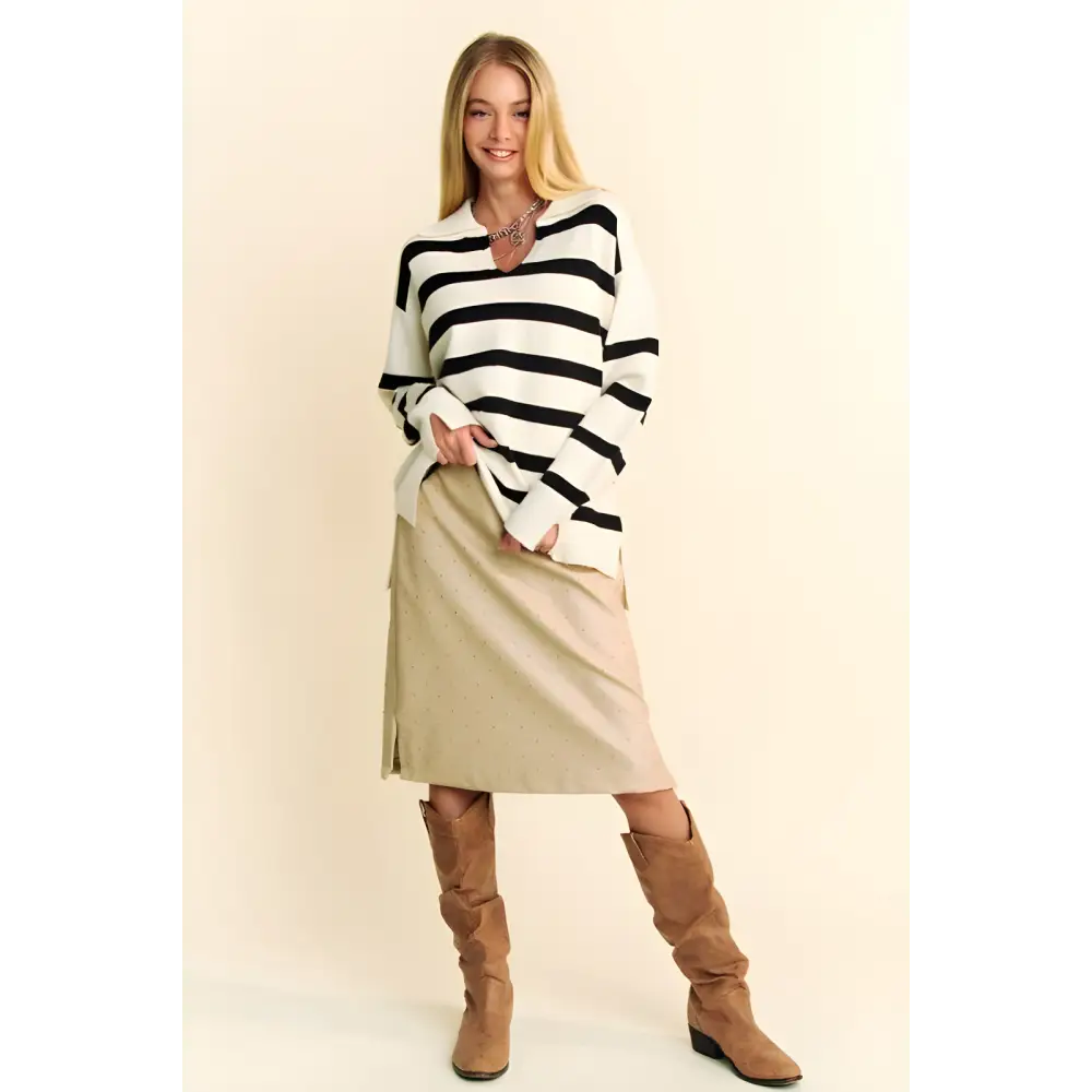 Chic high-low striped johnny collar sweater in luxury fashion for women $38.64 the high-low side slit striped johnny