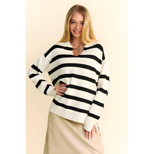 Chic high-low striped johnny collar sweater in luxury fashion for women $38.64 the high-low side slit striped johnny