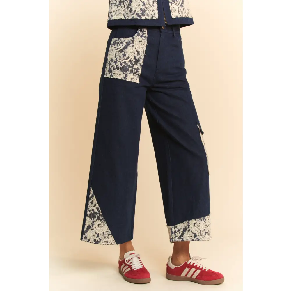 Davi & dani lace applique wide leg jeans elevate luxury fashion for women $74.99 these lace applique wide leg jeans