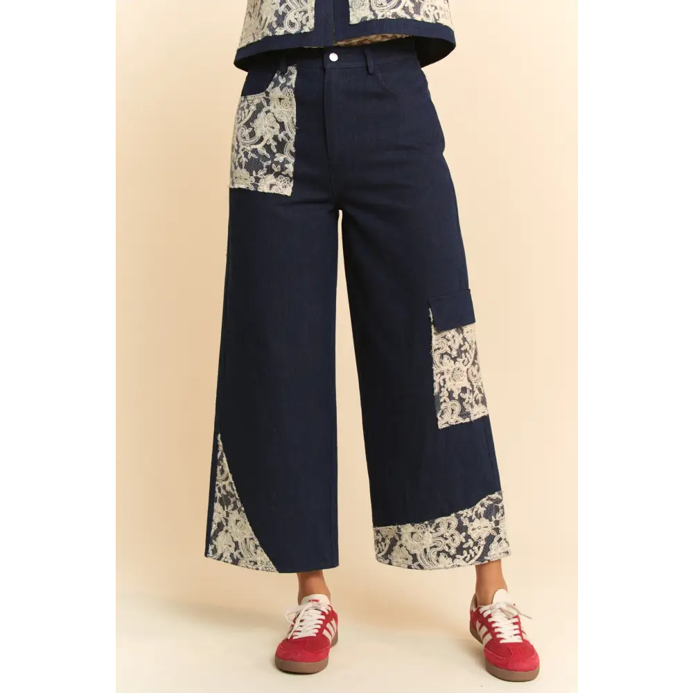 Davi & dani lace applique wide leg jeans elevate luxury fashion for women $74.99 these lace applique wide leg jeans