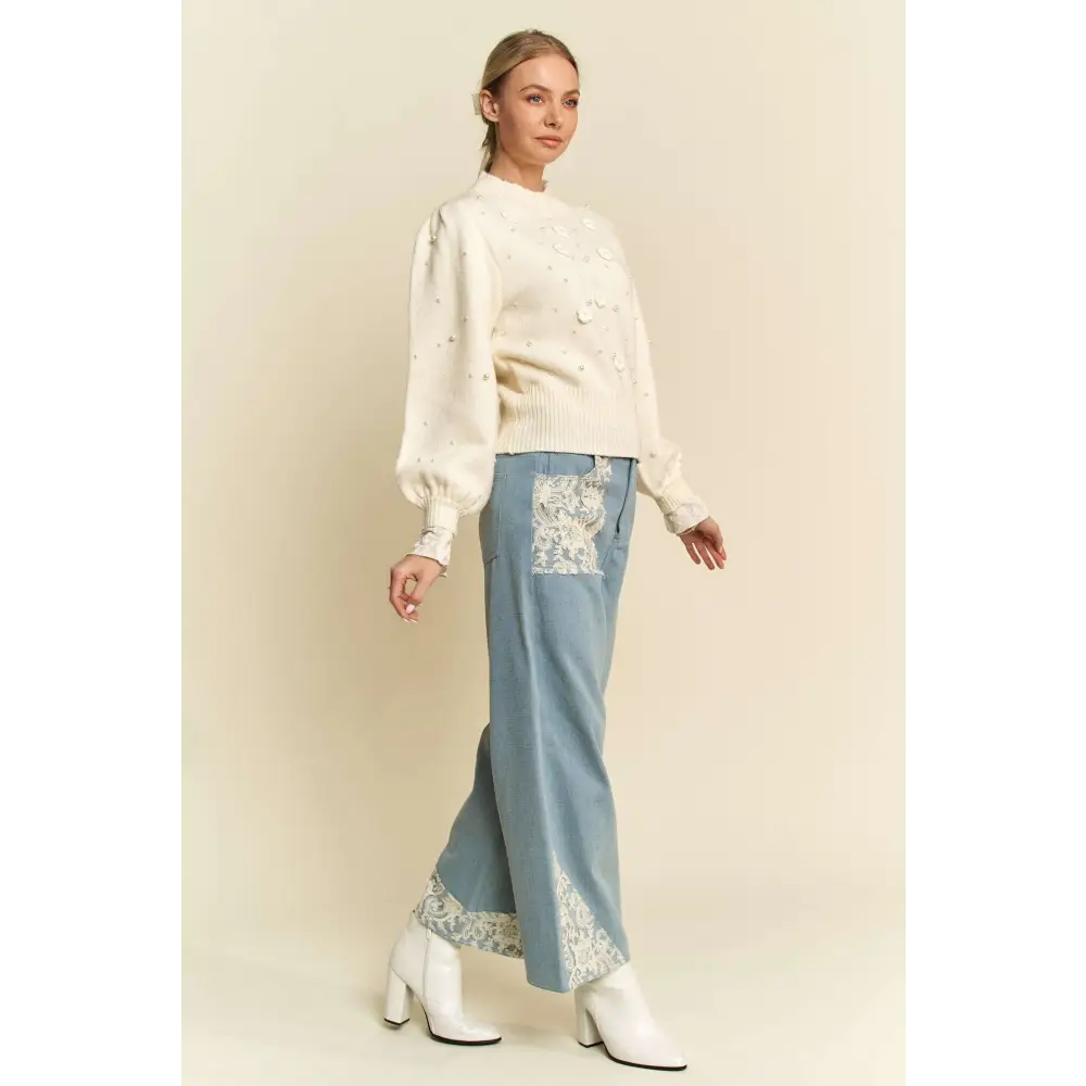 Davi & dani lace applique wide leg jeans in luxury fashion for women $74.99 these lace applique wide leg jeans