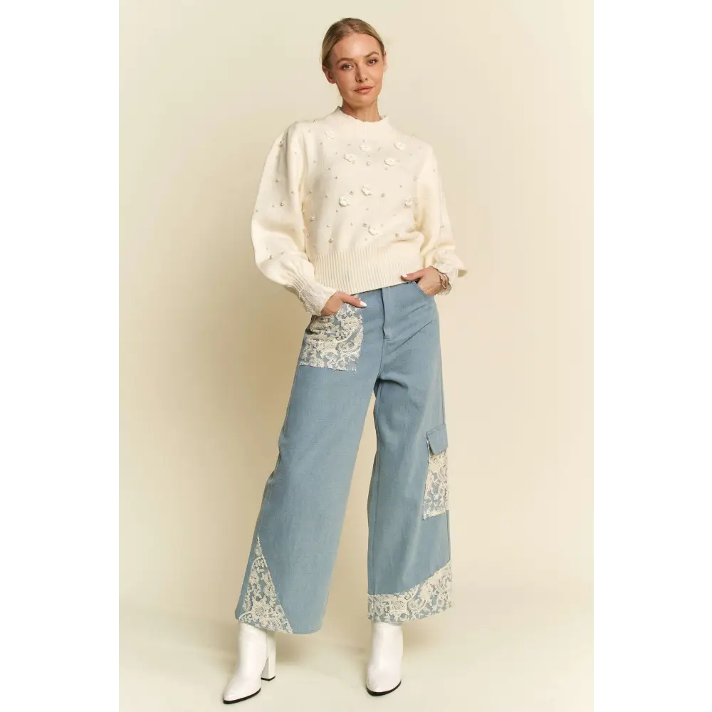 Davi & dani lace applique wide leg jeans in luxury fashion for women $74.99 these lace applique wide leg jeans