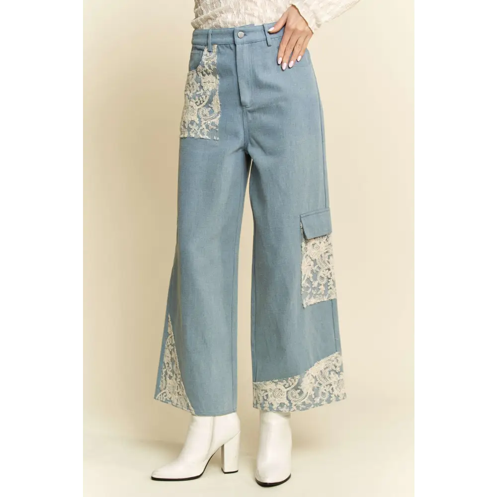 Davi & dani lace applique wide leg jeans in luxury fashion for women $74.99 these lace applique wide leg jeans