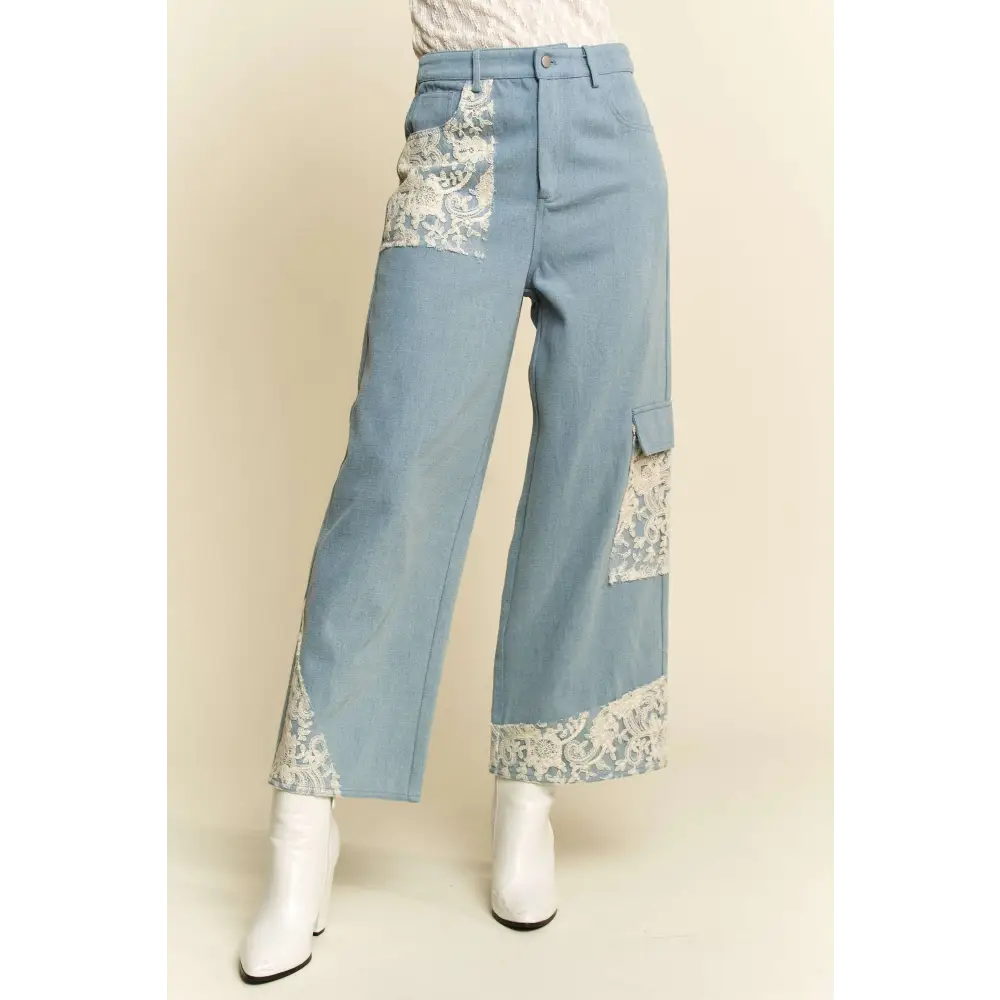 Davi & dani lace applique wide leg jeans in luxury fashion for women $74.99 these lace applique wide leg jeans