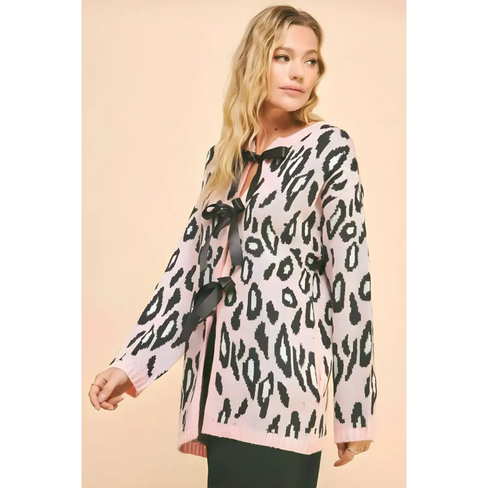 Leopard print tie front cardigan in timeless luxury fashion for women $45.84 the leopard ribbon tie front loose fit