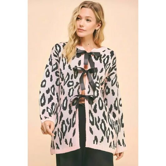 Leopard print tie front cardigan in timeless luxury fashion for women $45.84 the leopard ribbon tie front loose fit