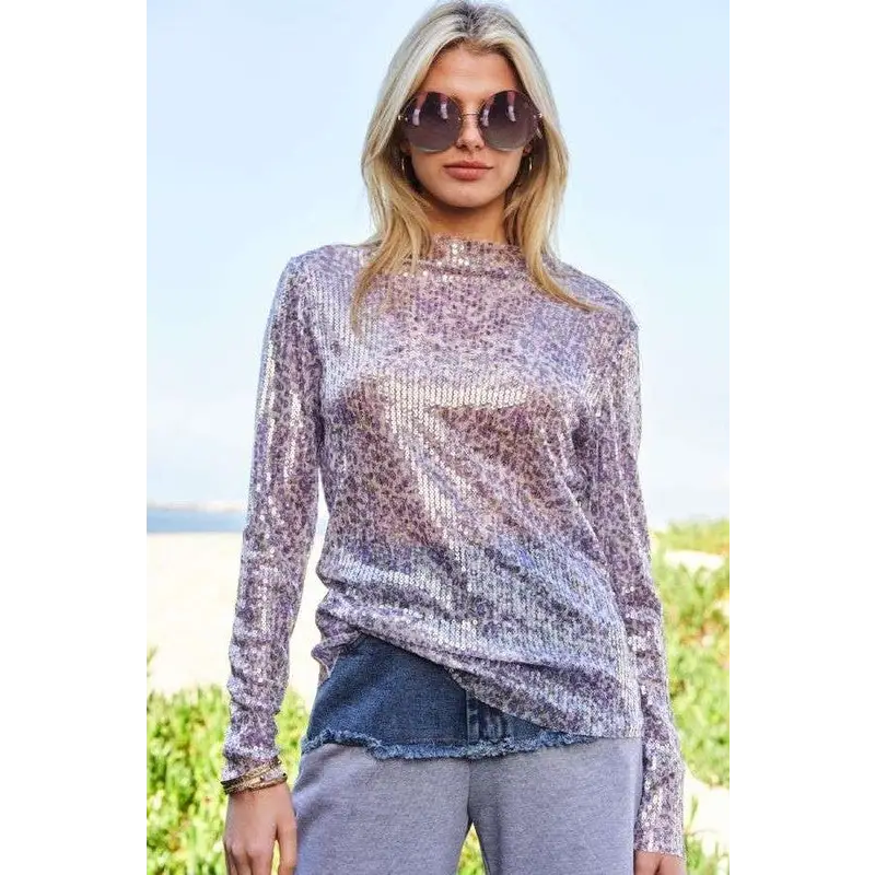 Davi & dani sequin mock neck top in timeless luxury fashion for women $53.99 the sequin mock neck long sleeve mesh top