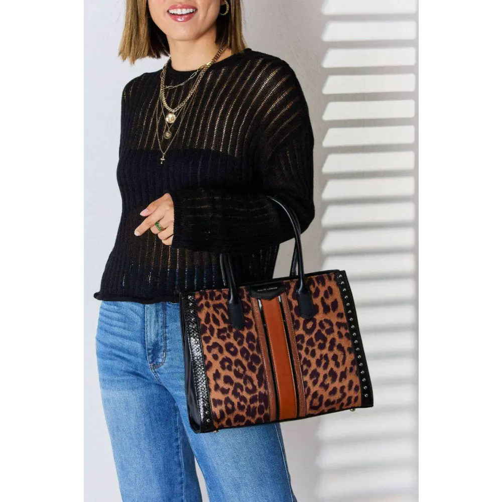 David jones leopard contrast rivet handbag for luxury fashion enthusiasts $55.08 this leopard contrast rivet handbag