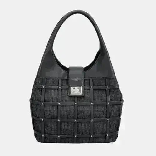 David Jones Rivet Handbag in black PU leather with woven pattern and studded rivet accents, structured medium tote