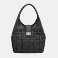 David Jones Rivet Handbag in black PU leather with woven pattern and studded rivet accents, structured medium tote