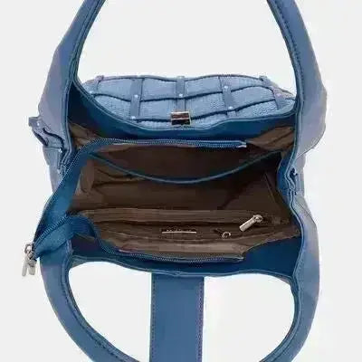 David Jones Rivet Handbag in blue PU leather with quilted pattern, visible interior compartments and zippered pocket