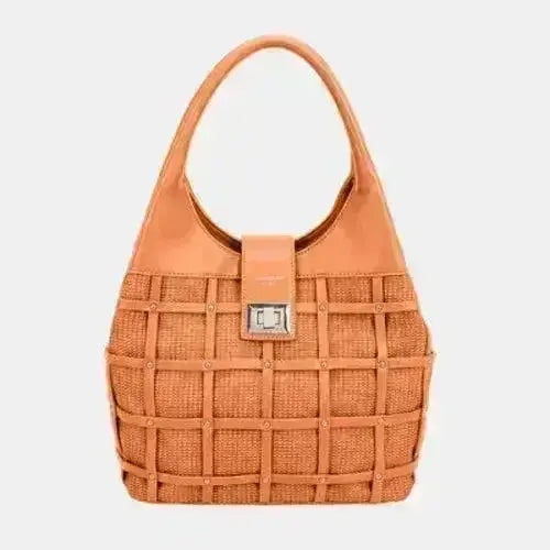 David Jones Rivet Handbag in tan with woven texture, grid pattern accented by rivets and a top flap closure