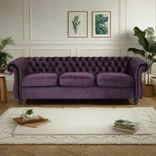 Luxurious purple velvet sofa for timeless designer clothing aesthetics